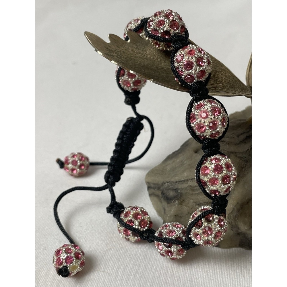 80s Pave Crystal Beads Bracelet  Pink White Adjustable Rope Chain Chunky Heavy